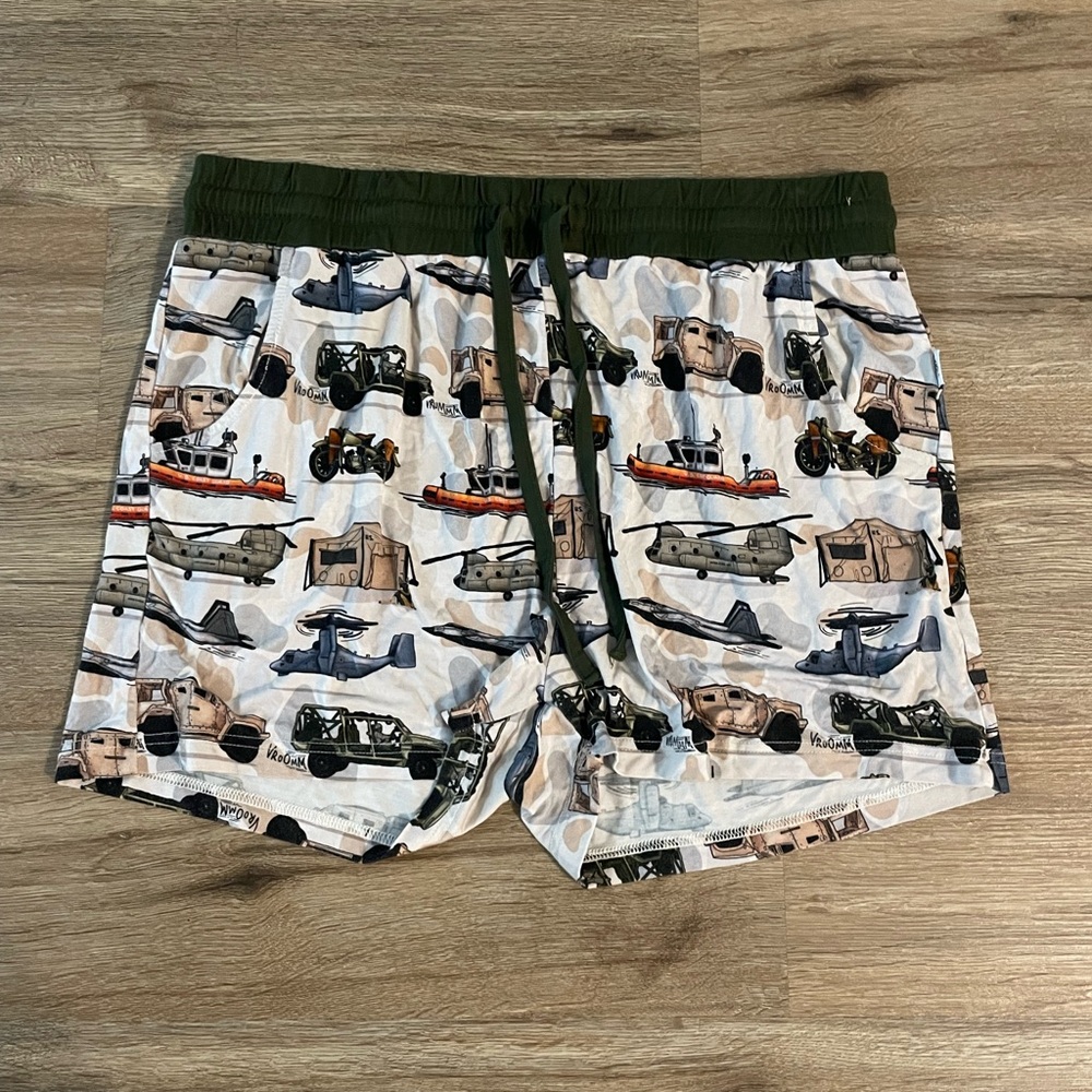 Lightweight White Pajama Shorts with Green Waistband and Vehicle Print